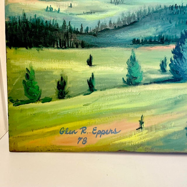 Sky Blue 1978 Vintage Plein Air Pikes Peak Americana Landscape Original Oil Painting, Northwest View For Sale - Image 8 of 14