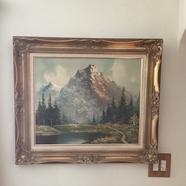 Original Painting of a Mountain Landscape with Lake and Evergreen Trees Signed Framed For Sale - Image 12 of 12