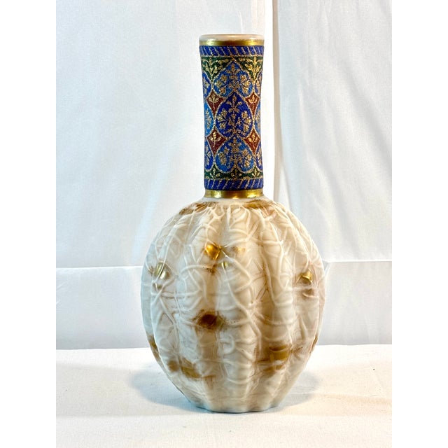 Tall Art Glass Vase With Melon Ribbing, Gilt and Enamel Opal Glass Attributed to Harrach, 1880s-1920's. For Sale - Image 13 of 15