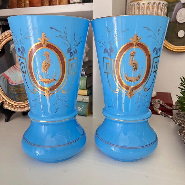 Large Pair of Antique Turquoise Blue Opaline Vases – Hand-Painted Heron Medallions, Gilt Accents For Sale - Image 9 of 9