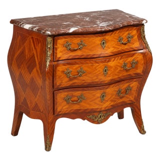 Marquetry Chest of Drawers in Mixed-Wood Veneer with Brass Mounts and Marble Top, 1920s For Sale