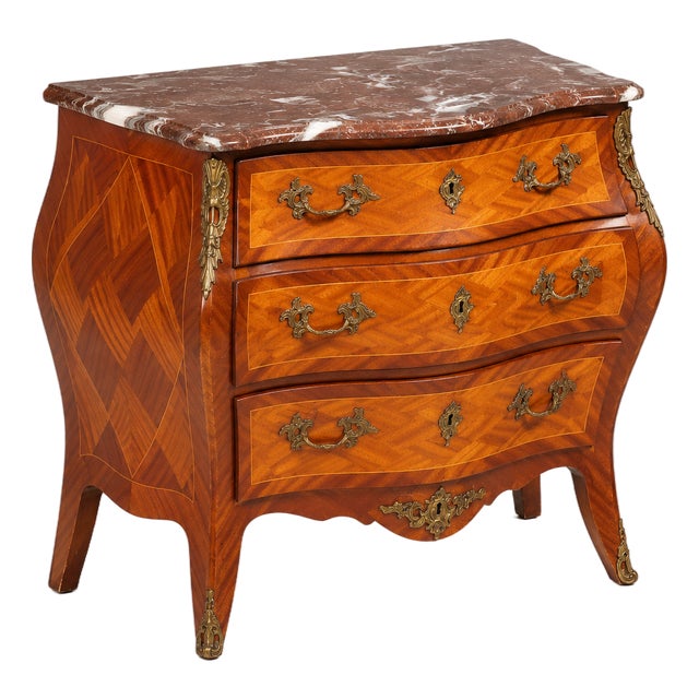 Marquetry Chest of Drawers in Mixed-Wood Veneer with Brass Mounts and Marble Top, 1920s For Sale
