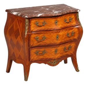Marquetry Chest of Drawers in Mixed-Wood Veneer with Brass Mounts and Marble Top, 1920s