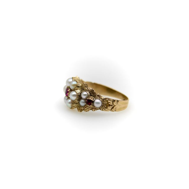 Mid 19th Century Mid 19th Century 15k Gold Early Victorian Flower Ring With Pearl and Ruby, Size 5.5 For Sale - Image 5 of 10