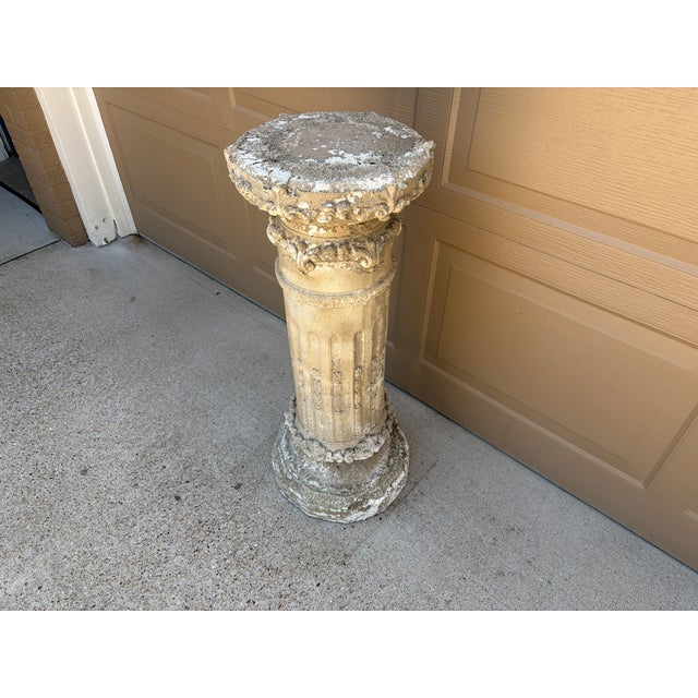 French Country Weathered Neoclassical Cast-Concrete Garden Column Pedestal For Sale - Image 3 of 11