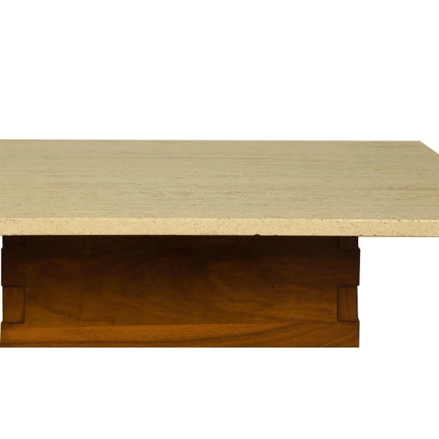 1970s Mid-Century Travertine Walnut Base Coffee Table For Sale - Image 9 of 11