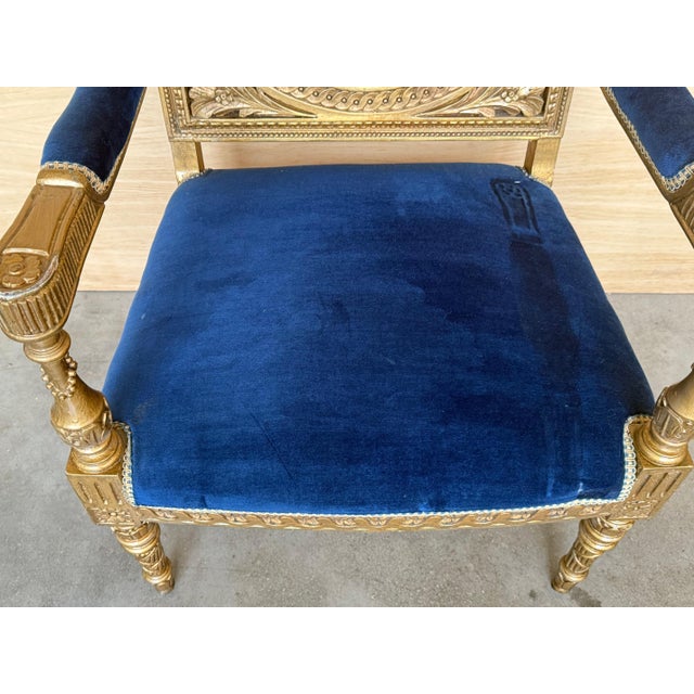 Mid 20th Century Pair of Louis XVI Style Giltwood Armchairs with Blue Klein Velvet For Sale - Image 14 of 18
