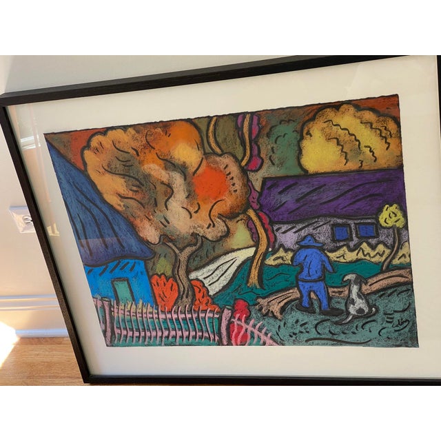 Vintage Large Framed Pastel by Colin Folk and Outsider Art