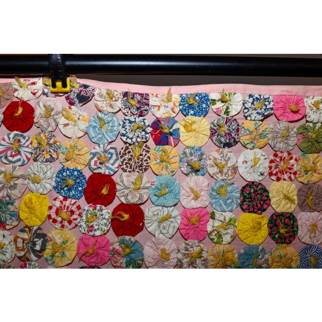 1930s Antique 1930s Yo Yo Quilt Coverlet | Depression Era Feed Sack Fabrics | 49x72 | Cottagecore Folk Art Textile For Sale - Image 5 of 13