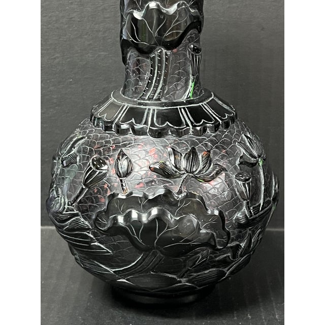 Chinese Chinese Art Dark Brown Peking Glass Overlay Bottle Neck Vase With Bird and Floral Design For Sale - Image 3 of 10