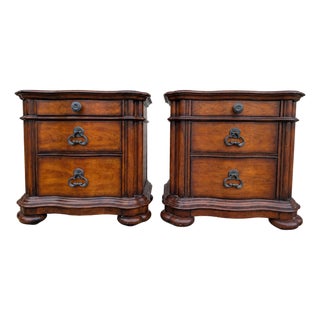 Pair of Vintage Pulaski Solid Wood 3 Drawer King Sized Nightstands/Chests With Elegant E Wood Finish For Sale