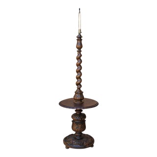 Antique English Oak Barley Twist Floor Lamp With End Table 1930s For Sale