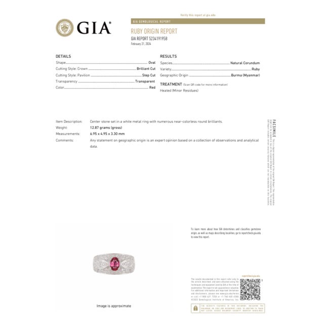 Gia 1.25 Carat Burma Ruby & Pave Diamond 18k White Gold Ring, Size 7 For Sale In Miami - Image 6 of 12