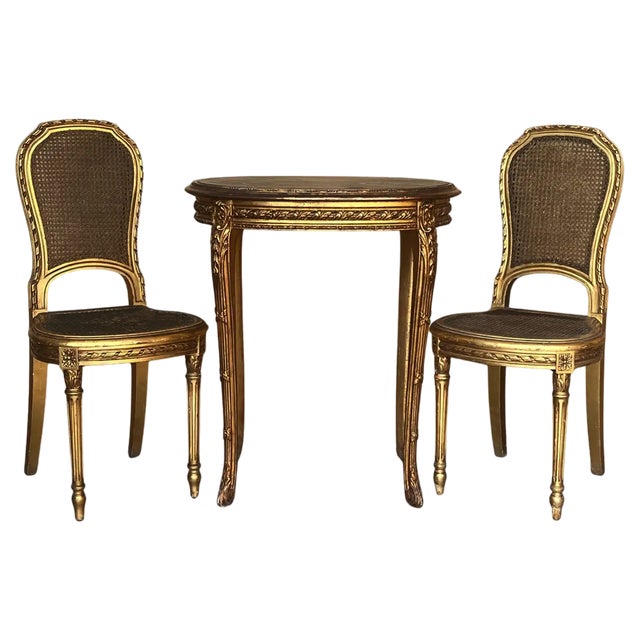 Antique French Louis Xvi Style Gilded Oval Console Table with Chairs, 1930, Set of 3 For Sale