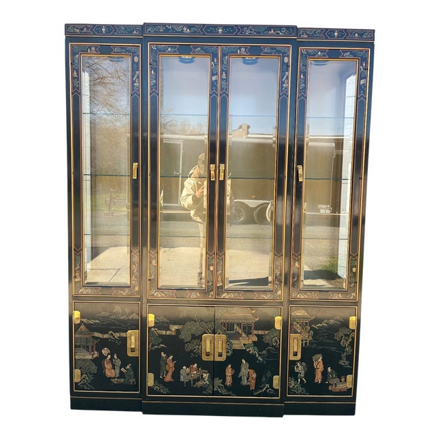 Vintage Asian Chinoiserie Drexel Hand Painted Breakfront Display China Cabinet Heritage Dynasty For Sale