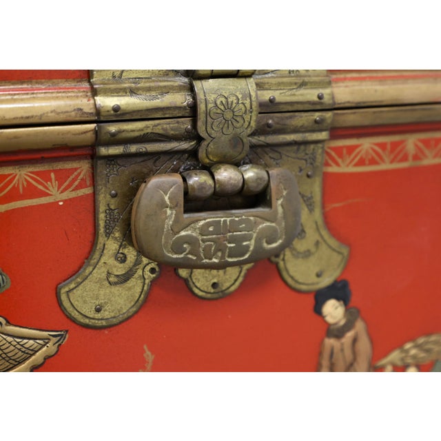 Red Late 20th Century Red & Gold Paint Decorated Asian Box on Stand For Sale - Image 8 of 12