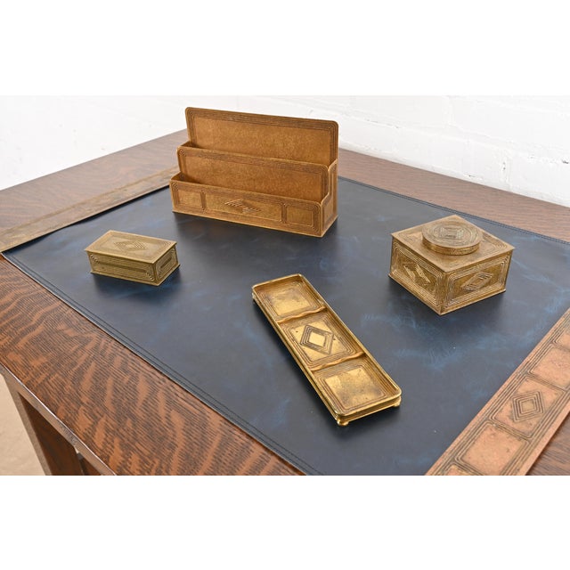 Tiffany Studios New York Graduate Pattern Bronze Doré Blotter Ends With Leather Desk Blotter For Sale - Image 11 of 12