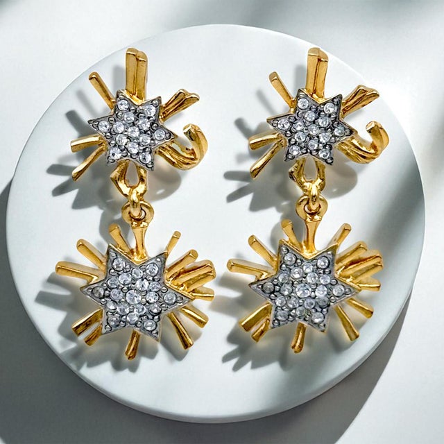 Metal Kenneth Jay Lane Designer Gold Swarovski Crystal Starburst Drop Post Earrings, A Pair For Sale - Image 7 of 11