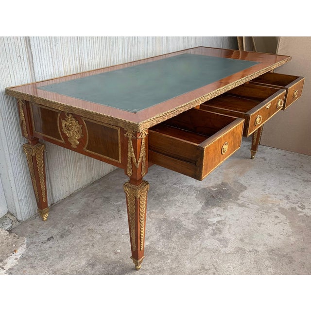 French Louis XVI Style Writing Desk Bureauplatt, Bronze Gilt Mounts Leather Top For Sale - Image 6 of 18