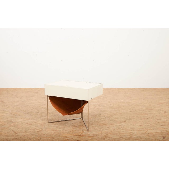 Folding Metal Frame Box with Leather Compartment in White Painted Plywood from Wohnhilfe, 1950s, in Good conditions....