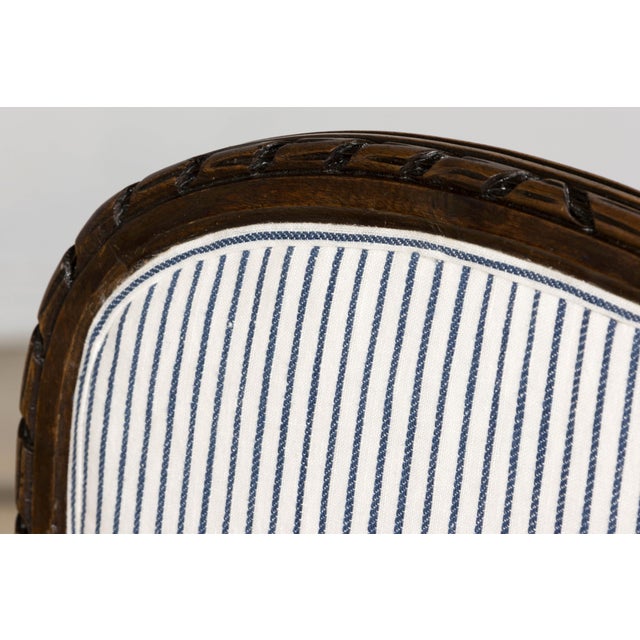 French Louis XVI Style Walnut Dining Chairs, Blue Striped Linen Upholstery – Set of 6 For Sale - Image 15 of 18