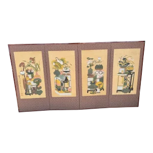 Vintage Authentic Korean Chaekgeori Munbangdo Four Panel Scholar Screen