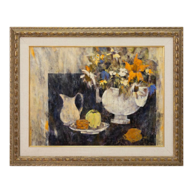 Richard Jerzy – Untitled (Still Life With Flowers & Fruit) Oil on Canvas Framed For Sale
