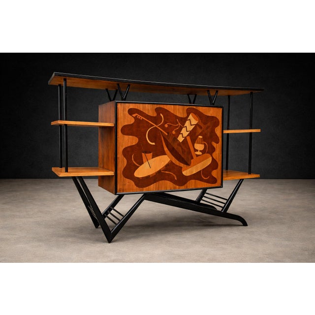 Brazilian Bar in Imbuia, Roxinho & Pau Marfim With Party Motif Marquetry, 1950s For Sale - Image 9 of 15