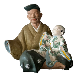 Antique 19th Century Japanese Meiji Pottery Okimono Figure of a Man and His Son Wearing Traditional Dress / Kimono