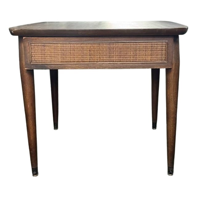 1960s American of Martinsville Walnut & Cane Nightstand / Side Table For Sale