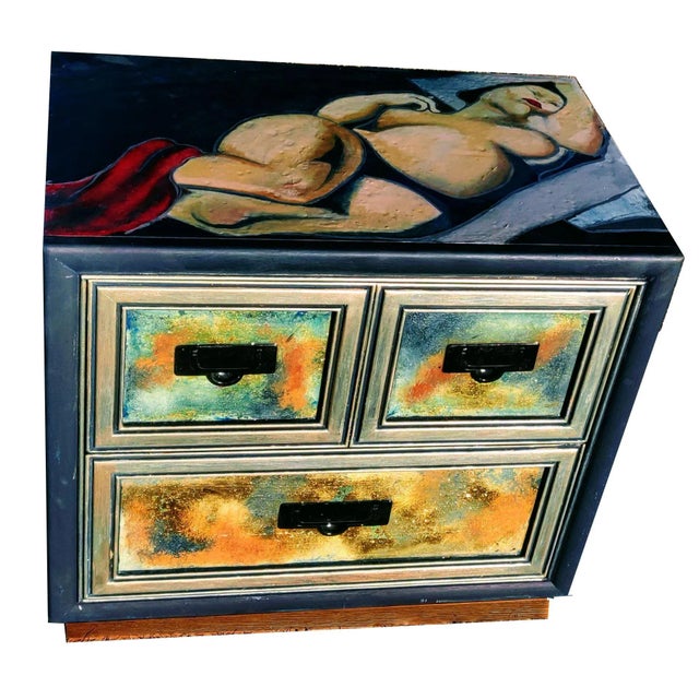 1970s Patrick Briggs 'Tamara De Lempica" 2021 Acrylic Painted Campaign Style Wooden Nightstand For Sale - Image 5 of 12
