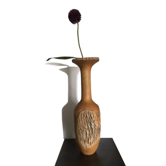 a Mid Century modern vintage 1970s solid wood sculptural vase this XLarge tall hand turned artisan solid wood vase has a...