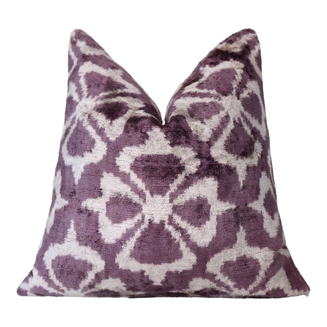 Hand-Knotted Plum Ikat Silk Velvet Pillow - 16x16 Organic Vegetable Dyed For Sale