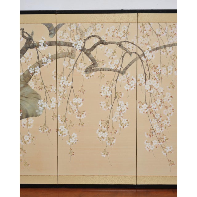 Japanese Showa Four Panel Screen Flowering Cherry Blossom For Sale In Sacramento - Image 6 of 18