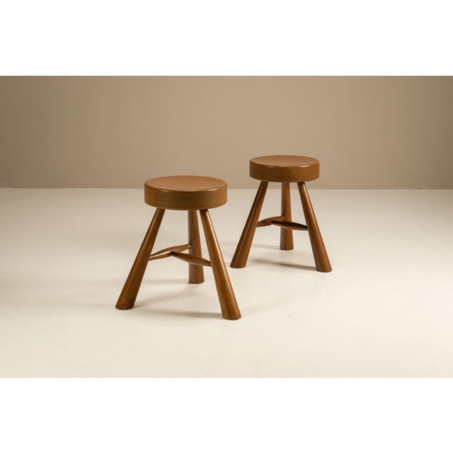 Brutalist Three-Legged Stools in Ash in the style of Charlotte Perriand, 1970s, Set of 2 For Sale - Image 3 of 9