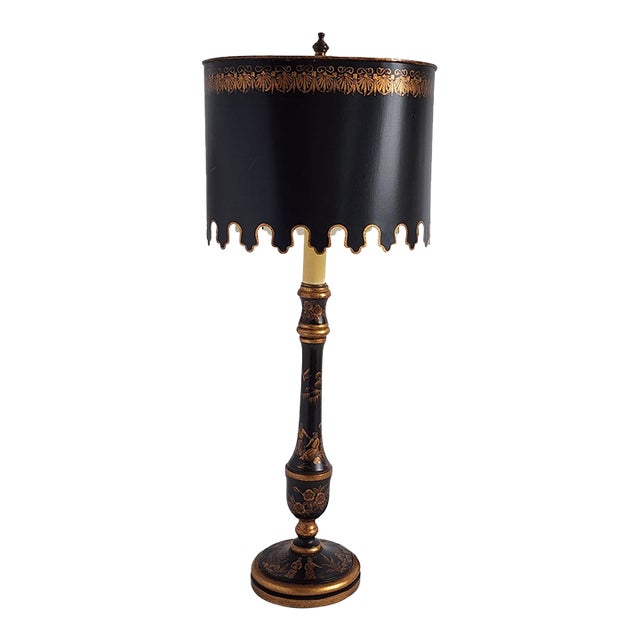 Vintage Chinoiserie Style Tole Painted & Wood Table Lamp For Sale