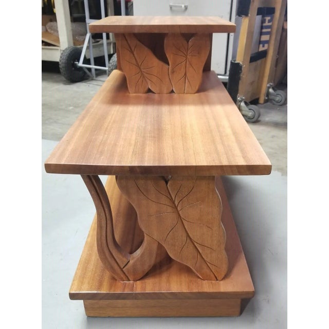 1950s Restored Hand Carved Calla Lily Koa Wood Side Table Set of 3 For Sale - Image 4 of 11