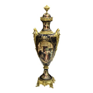 Black Porcelain Vase With Gold Leaf Details & Romantic Courting Scene – French Style Ornate Decorative Vase For Sale