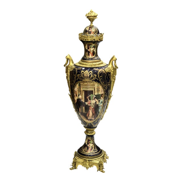 Black Porcelain Vase With Gold Leaf Details & Romantic Courting Scene – French Style Ornate Decorative Vase For Sale