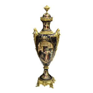 Black Porcelain Vase With Gold Leaf Details & Romantic Courting Scene – French Style Ornate Decorative Vase
