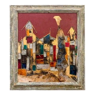 Andrea Stella "The Magical Village" Gold Leaf Oil Mixed Media Painting, Landscape, Italian Contemporary Art, 2010 For Sale
