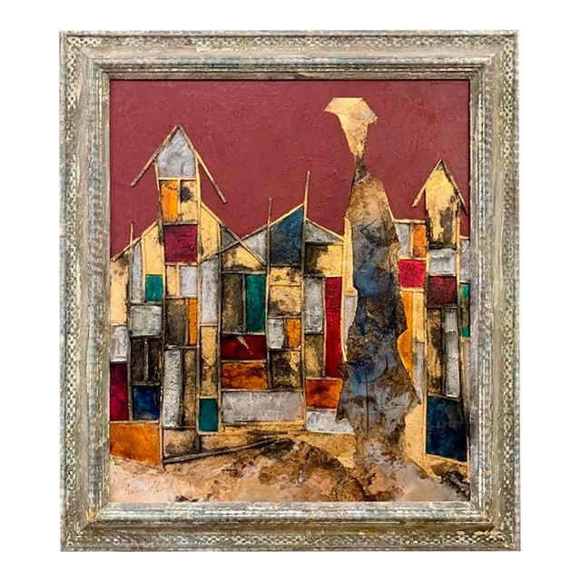 Andrea Stella "The Magical Village" Gold Leaf Oil Mixed Media Painting, Landscape, Italian Contemporary Art, 2010 For Sale