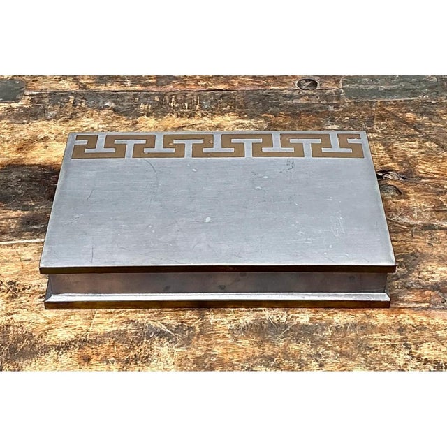 Mid-Century Modern Vintage Greek Key Metal Box For Sale - Image 3 of 12