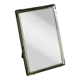 Antique Beveled Vanity Mirror With Notched Edge Detail, Wood Back With Forged Easel/Wall Hanger For Sale