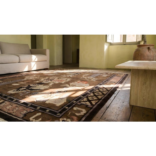1920s Brown Floral Vase Antique Chinese Bao Tou Rug 4' 2'' X 6' 6'' Knotted Wool Carpet For Sale - Image 10 of 12