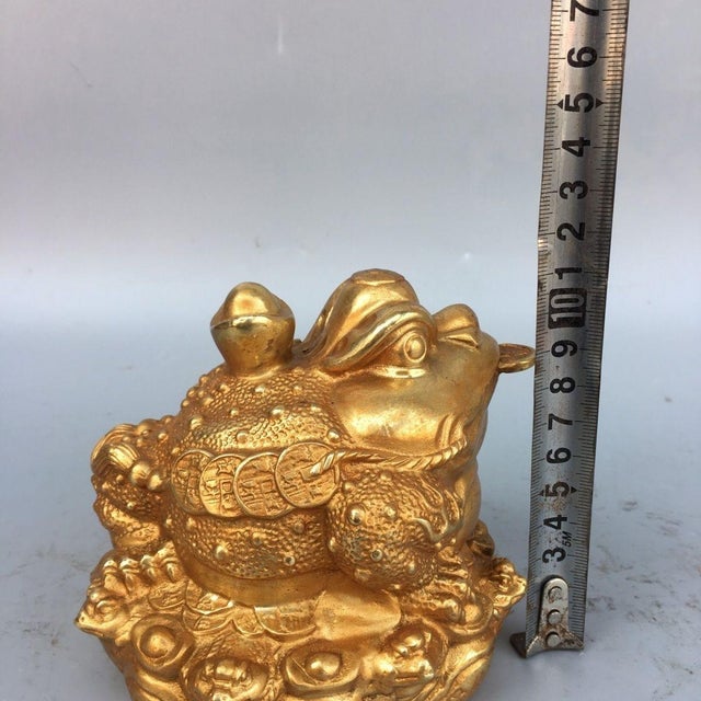 Gilt Bronze Toad Statue With Coin Accents and Inscribed Base For Sale In Los Angeles - Image 6 of 9