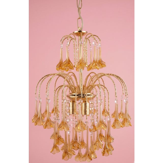 Vintage Gold Rain Chandelier with Crystals and Murano Glass Flowers, Italy, 1966 For Sale - Image 3 of 15