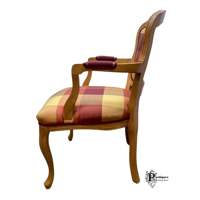 Vintage Rustic Farmhouse Maple Frame Plaid Print Bergere Accent Chair For Sale - Image 4 of 12