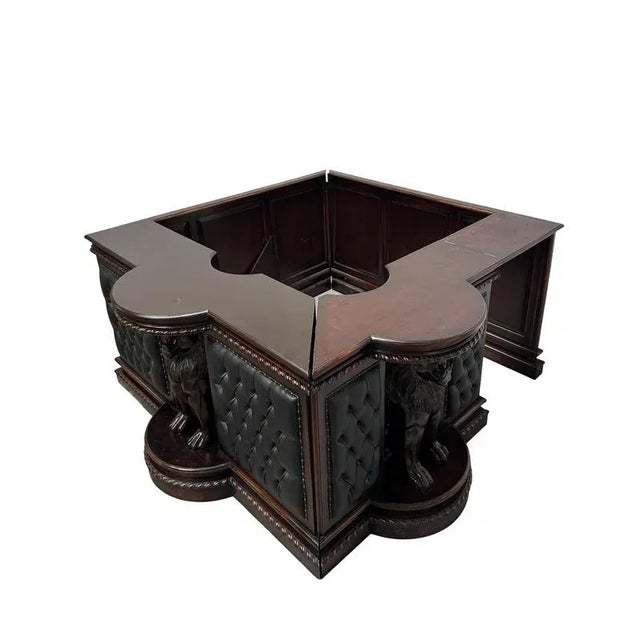A truly majestic statement piece — this antique mahogany bar features two hand-carved lions guarding the front, deep...
