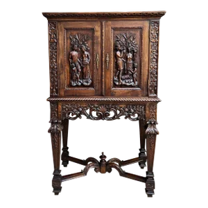 Antique French Carved Walnut Cabinet Bar Renaissance Wine Server Baroque C1890